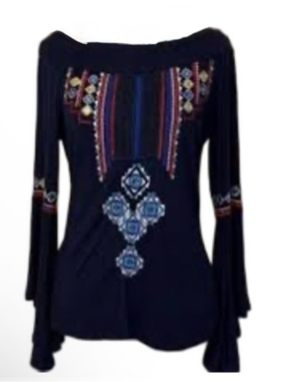 Boston Proper Navy Embroidered bell-Sleeve Folk Top